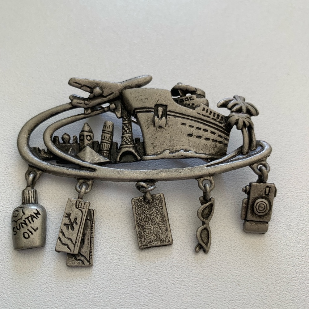 Vintage Danecraft Cruise Ship Travel Passport Dangle Pewter Pin Brooch - Picture 3 of 7